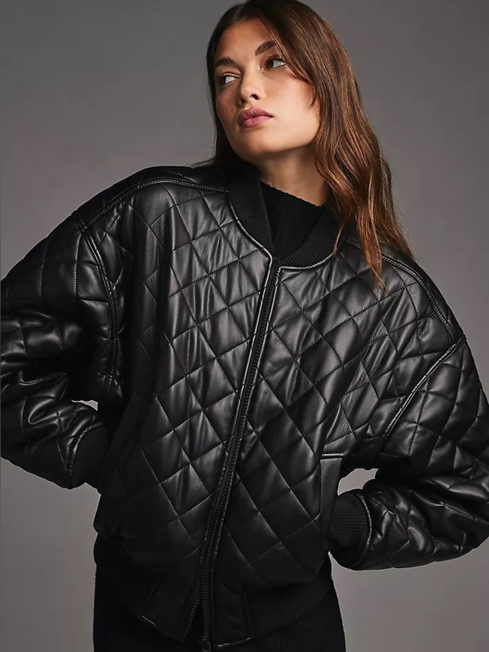 Good American Better Than Leather Quilted Bomber Jacket Womens 00/0 Black